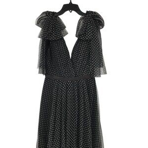 NWT $495 Basix Black Label Polka Dot Chiffon Bow Plunging Evening Gown Size 4